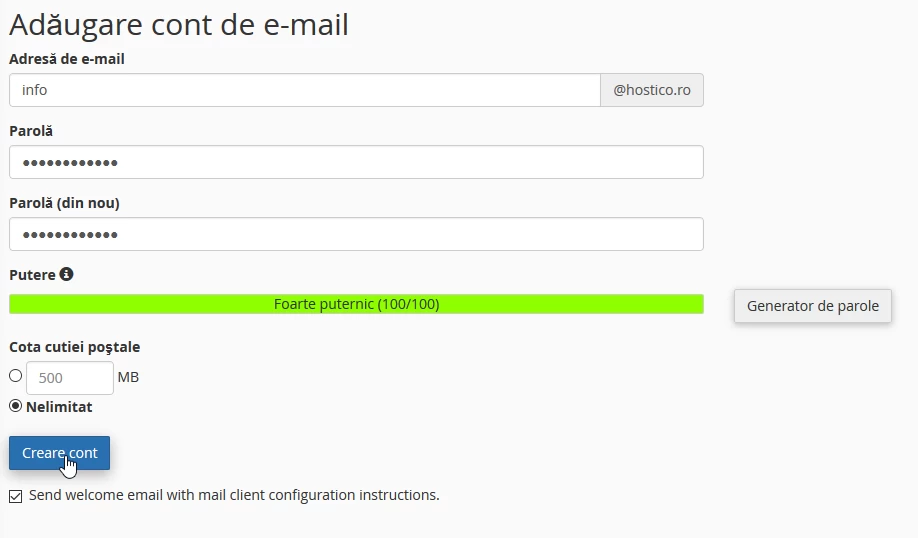 Adaugare cont de e-mail cPanel
