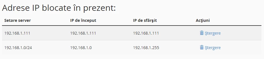 Stergerea unui ip blocat din security ip blocke cPanel