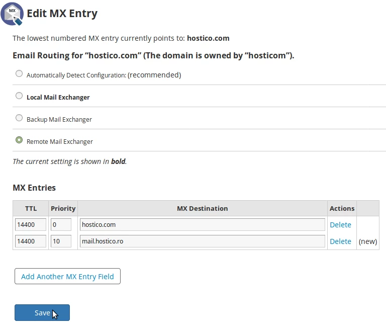 Salvare înregistrari MX Entry